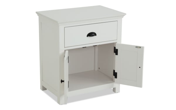 Newport White Nightstand with Drawer in transitional style, featuring MDF and rubberwood solids, chevron design, storage drawer, and cabinet.