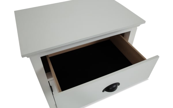 Newport White Nightstand with Drawer in transitional style, featuring a white MDF and rubberwood frame, black drawer pull, and chevron design.