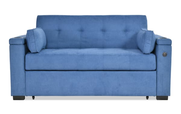 Throwback Blue 67'' transitional sleeper loveseat in blue polyester fabric with cup holders, accent pillows, storage, and built-in USB port.