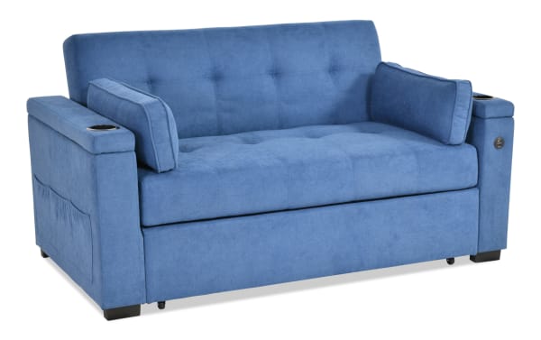 Throwback Blue 67'' transitional pop-up sleeper loveseat in blue polyester fabric with cup holders, accent pillows, storage pocket, and built-in USB port.