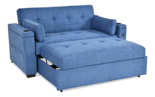 Throwback Blue 67'' transitional pop-up sleeper loveseat in blue polyester fabric with cup holders, accent pillows, storage pocket, and built-in USB port.