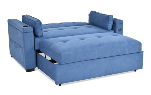 Throwback Blue 67'' Pop-Up Sleeper Loveseat in blue polyester fabric with cup holders, accent pillows, storage pocket, and built-in USB port, transitional style.