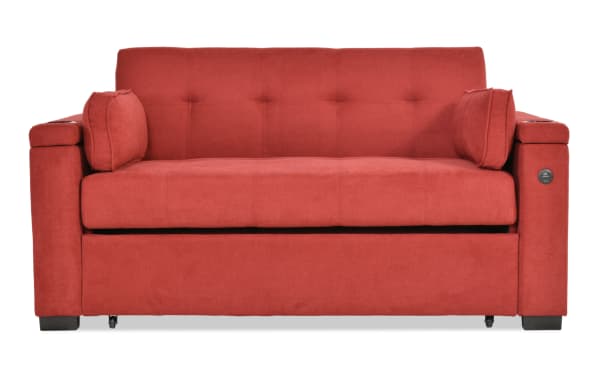 Throwback Red 67'' Pop-Up Sleeper Loveseat in red polyester fabric with transitional style, cup holders, accent pillows, storage, and USB port.