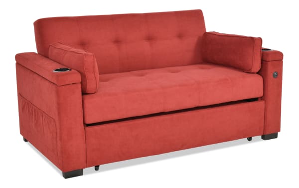 Throwback Red 67'' Pop-Up Sleeper Loveseat in red polyester fabric with transitional style, cup holders, accent pillows, storage, and USB port.