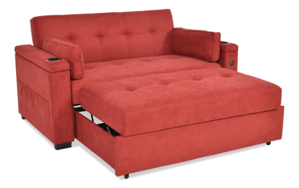 Throwback Red 67'' Pop-Up Sleeper Loveseat in red polyester fabric, transitional style with cup holders, accent pillows, storage, and built-in USB port.