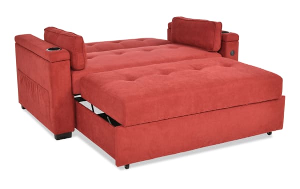 Throwback Red 67'' Pop-Up Sleeper Loveseat in red polyester fabric with transitional style, cup holders, accent pillows, storage, and built-in USB port.