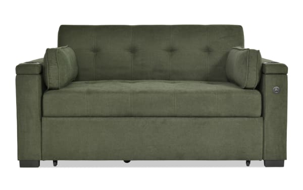 Transitional Throwback Avocado 67'' Pop-Up Sleeper Loveseat in green polyester fabric with cup holders, accent pillows, storage, and built-in USB port.