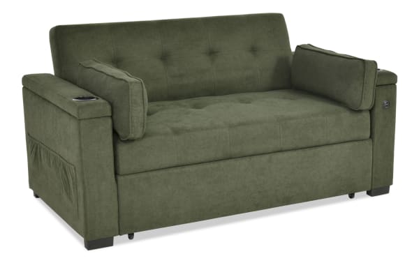 Throwback Avocado 67'' Pop-Up Sleeper Loveseat in green polyester fabric with transitional style, cup holders, accent pillows, storage, and USB port.