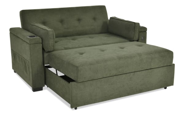Transitional Throwback Avocado 67'' Pop-Up Sleeper Loveseat in green polyester fabric with cup holders, accent pillows, storage, and built-in USB port.