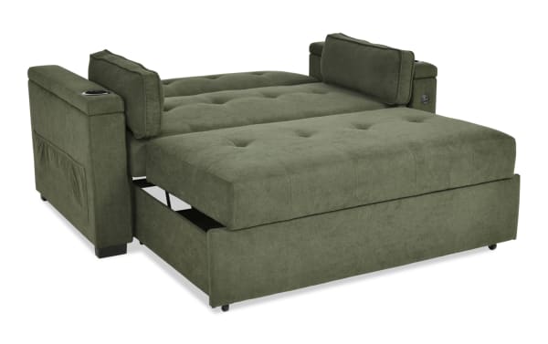 Throwback Avocado 67'' Pop-Up Sleeper Loveseat in green polyester fabric with cup holders, accent pillows, storage, USB port, and pull-out bed.