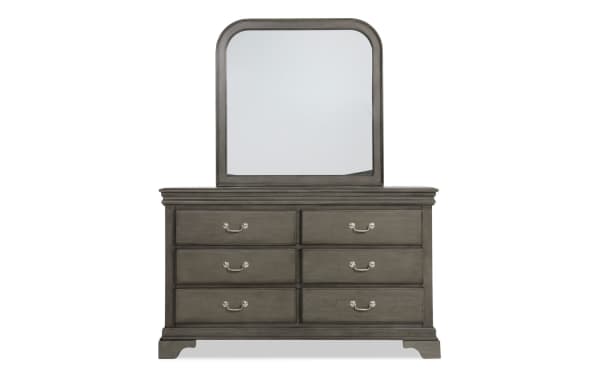 Middleton Gray 6 Drawer Dresser & Mirror in transitional style with classic gray MDF finish, six storage drawers, and large rounded rectangular mirror.