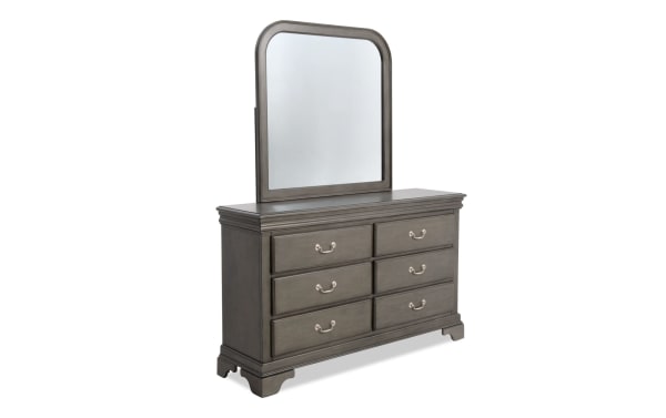 Middleton Gray 6 Drawer Dresser with large arched mirror, transitional style MDF bedroom furniture in classic gray finish, from Middleton Bedroom collection.