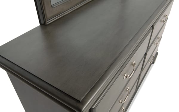 Middleton Gray 6 Drawer Dresser & Mirror in transitional style, gray MDF wood with silver handles, classic finish, and large mirror for bedroom storage.