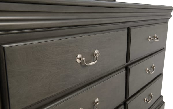 Middleton Gray 6 drawer dresser in transitional style, featuring classic gray MDF finish and silver metal handles, part of Middleton Bedroom collection.