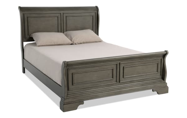 Middleton Queen Gray Sleigh Bed in transitional style with classic gray MDF frame, panel detailing, and curved sleigh headboard and footboard.