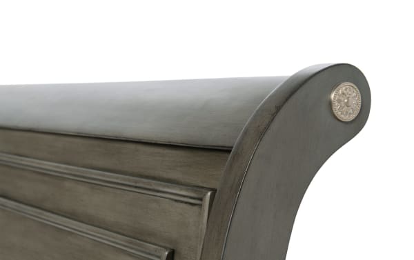 Middleton Queen Gray Sleigh Bed headboard in MDF with classic gray finish, transitional style, and decorative floral medallion detail.