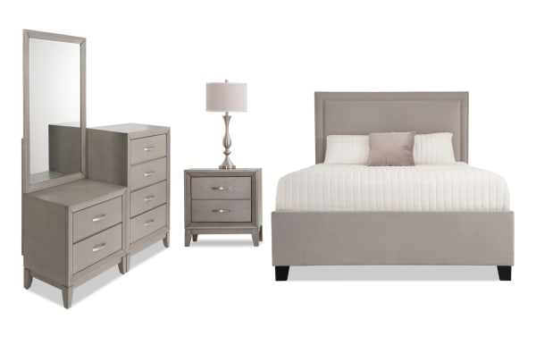 Tremont 4 Piece Queen Gray Upholstered Storage Bedroom Set with chesser, nightstand, mirror, and fabric polyester bed. Transitional style with MDF, rubberwood solids, and veneers.