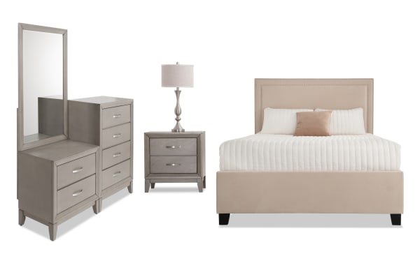 Tremont 4 Piece Full Gray & Beige Upholstered Storage Bedroom Set with chesser, nightstand, mirror, and fabric polyester bed in transitional beige style.