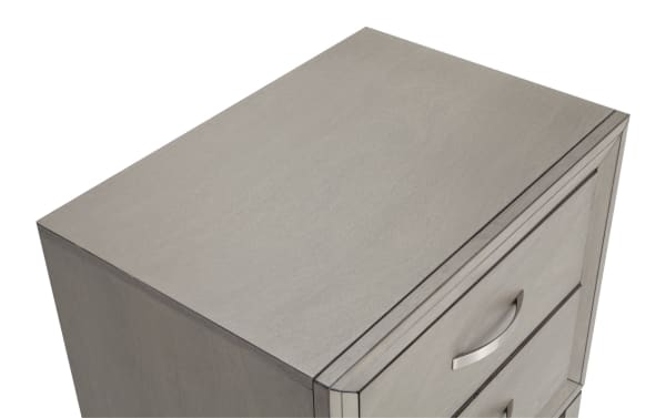 Beige Tremont 4 Piece Transitional Storage Bedroom Set featuring a gray upholstered chesser with polyester fabric, MDF, and rubberwood solids.