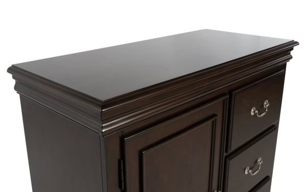 Middleton Cherry 4 Drawer Wardrobe with classic cherry finish, MDF construction, transitional style, featuring paneled door and metal drawer handles.