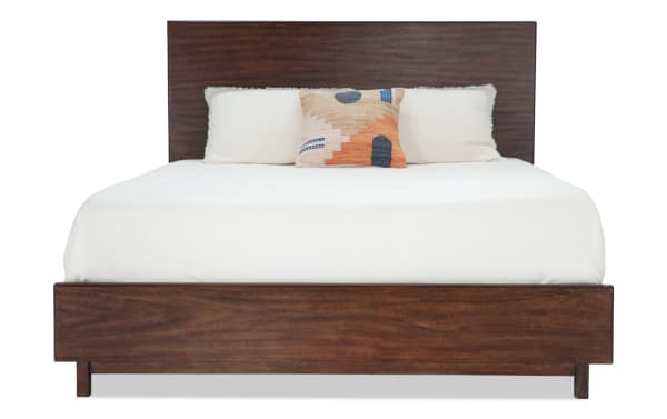 Contemporary Mango Queen Brown Panel Bed from Mango Bedroom collection, made of mango wood and veneers with low-profile design and sturdy slats.