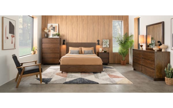 Contemporary Mango Queen Brown Panel Bed in mango wood and veneers, with low-profile design, sturdy slats, and warm brown finish from Mango Bedroom collection.