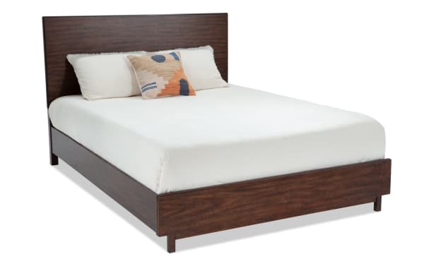 Contemporary Mango Queen Brown Panel Bed from Mango Bedroom collection, made of mango wood and veneers with a low-profile design and sturdy slats.