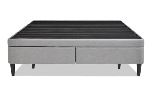 Universal Twin Gray Upholstered Storage Platform Bed with gray polyester fabric, MDF frame, transitional style, and four storage drawers, no mattress foundation needed.