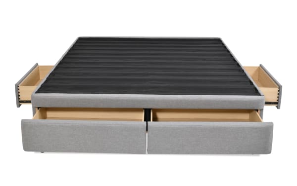 Universal Twin Gray Upholstered Storage Platform Bed with four wooden storage drawers, gray polyester fabric, transitional style, no mattress foundation needed