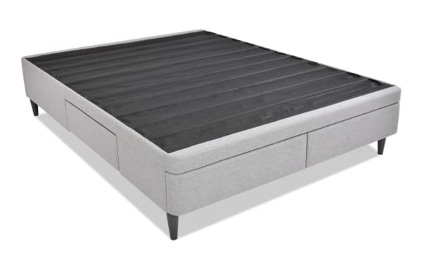 Universal Full Gray Upholstered Storage Platform Bed with gray polyester fabric, four storage drawers, and transitional style frame without mattress foundation