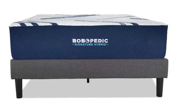 Bob-O-Pedic Signature Hybrid 13.5'' King Plush mattress set with ultra-cooling cover, blue quilted sides, and gray fabric foundation.