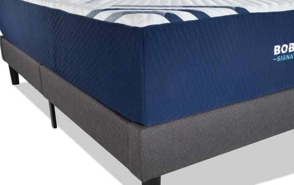 Bob-O-Pedic Signature Hybrid 13.5'' King Plush mattress set with blue quilted fabric, gel memory foam, and gray upholstered foundation frame.