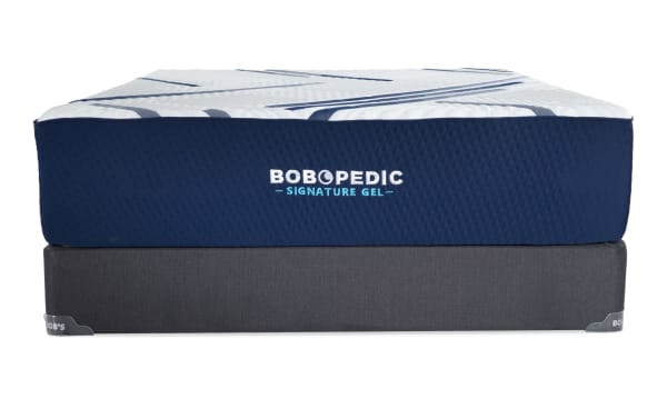 Bob-O-Pedic Signature Gel 13.5'' Full Plush mattress set with ultra-cooling cover, blue and white top, navy sides, and gray foundation.
