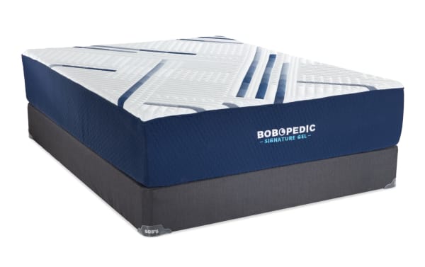 Bob-O-Pedic Signature Gel 13.5" Full Plush mattress set with ultra-cooling white quilted cover, blue sides, gel memory foam layers, and gray foundation.