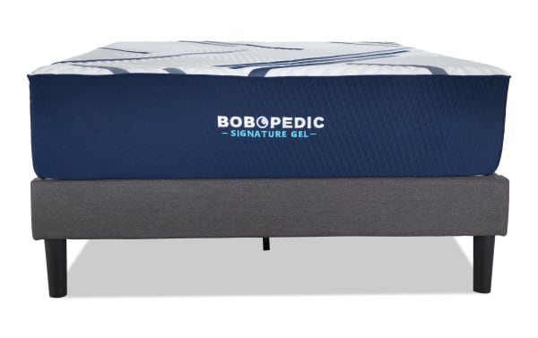 Bob-O-Pedic Signature Gel 13.5'' Twin XL Plush mattress with ultra-cooling cover, gel memory foam layers, navy blue side panel, and gray foundation frame.