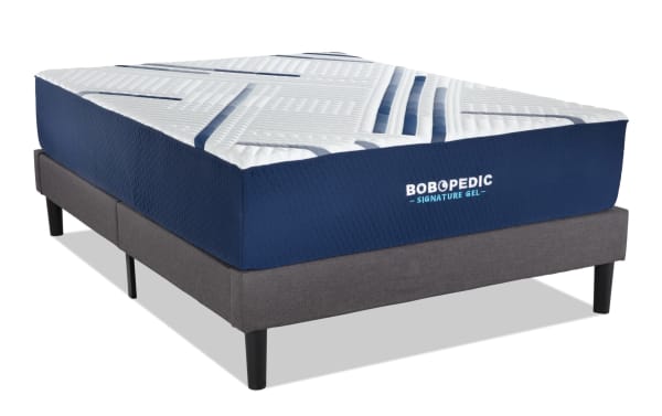 Bob-O-Pedic Signature Gel 13.5'' Twin XL Plush Mattress Set with ultra-cooling cover, blue and white gel memory foam layers, and gray foundation frame