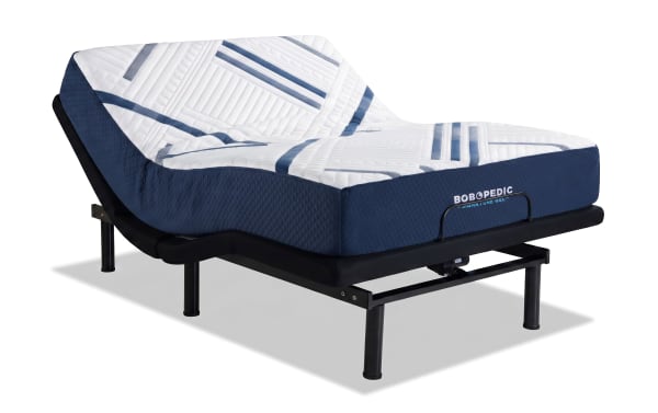 Queen plush Power Bob Elite Base bed with 13.5" Bob-O-Pedic Signature Gel mattress in navy blue, wood frame, adjustable base, and modern bedroom setup.
