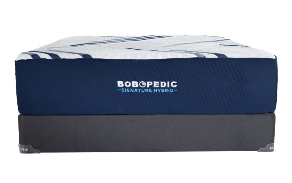Bob-O-Pedic Signature Hybrid 13.5" Queen Firm Standard Mattress Set with ultra-cooling cover, blue quilted sides, and gray foundation base.