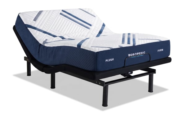 Queen-sized Power Bob Elite Base with Signature Gel 13.5'' mattress in navy blue, featuring plush and firm dual comfort, wood frame, and adjustable base in a modern bedroom setting.