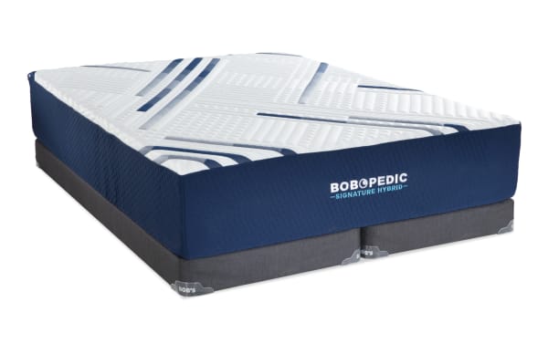 Signature Hybrid 13.5'' King Firm Split Low Profile Mattress Set by Bob's, featuring a blue and white ultra-cooling cover with gel memory foam layers and a gray foundation.