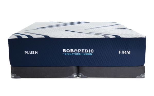 Signature Hybrid 13.5" Queen Dual Split Low Profile Mattress Set by Bob-O-Pedic, navy and white with plush and firm sides, hybrid gel memory foam design