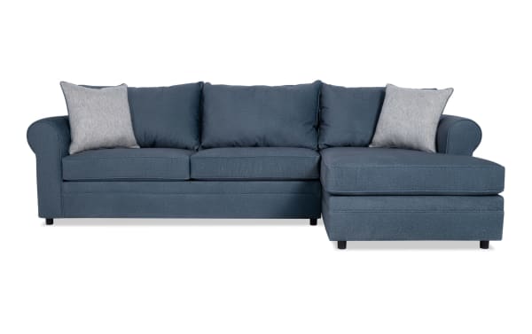 David Teal 114'' 2 Piece Right Arm Facing Chaise Sectional in teal polyester fabric with transitional track arms and removable seat back cushions.