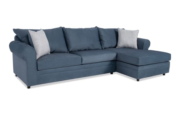 David Teal 114'' 2 Piece Right Arm Facing Chaise Sectional in teal polyester fabric with transitional track arms, removable seat back cushions, and accent pillows.