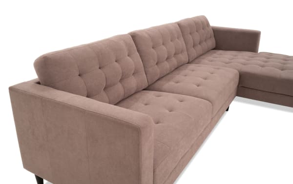 Metro Taupe 112'' 2 Piece Right Arm Facing Chaise Sectional with tufted polyester fabric upholstery, track arms, and transitional style in beige taupe.