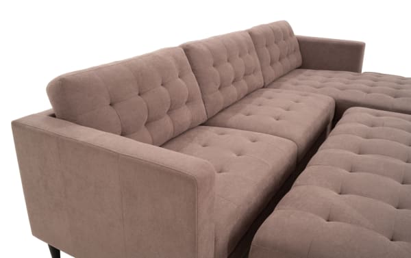 Metro Taupe 112'' 2 Piece Right Arm Facing Chaise Sectional with Ottoman in beige polyester fabric, tufted cushions, and transitional style with track arms.