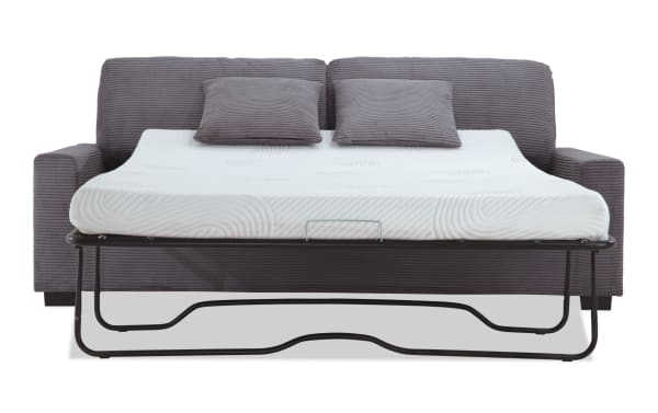 Charcoal gray Aspen transitional sleeper sofa with plush polyester fabric, includes two matching pillows and queen gel memory foam mattress.