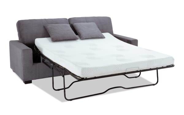 Aspen Charcoal 86'' transitional sleeper sofa in gray polyester fabric with plush cushions and queen gel memory foam mattress, ideal for comfortable lounging and sleeping.