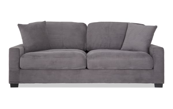 Aspen Charcoal 86'' transitional sleeper sofa in gray polyester fabric with plush cushions, accent pillows, and gel memory foam mattress for comfort.