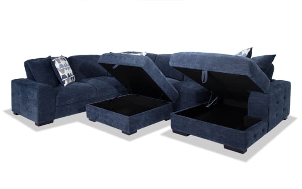 Playground Navy 145'' 4-piece right arm facing sectional with pop-up sleeper loveseat, storage ottoman, navy polyester fabric, contemporary style.