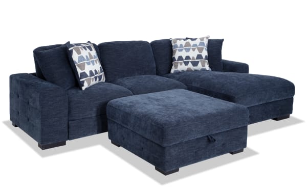 Contemporary Playground navy blue 2-piece right-arm chaise sectional with polyester fabric, memory foam cushions, pop-up sleeper loveseat, and storage ottoman.